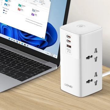 LDNIO 2USB-C+USB-A 2500W Tower Extension Power Socket+70W Super Fast Charging Protection Power Socket For Phone Charger